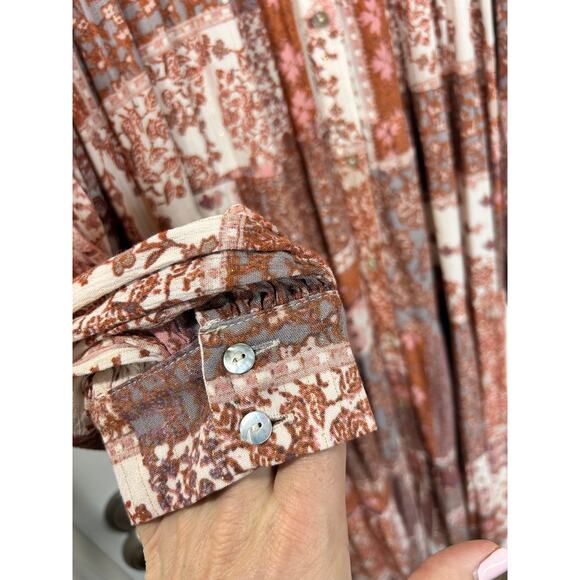 Olivaceous Women's Patchwork Tiered Midi Dress Boho Earthy Rust Beige Size Large - Picture 4 of 11